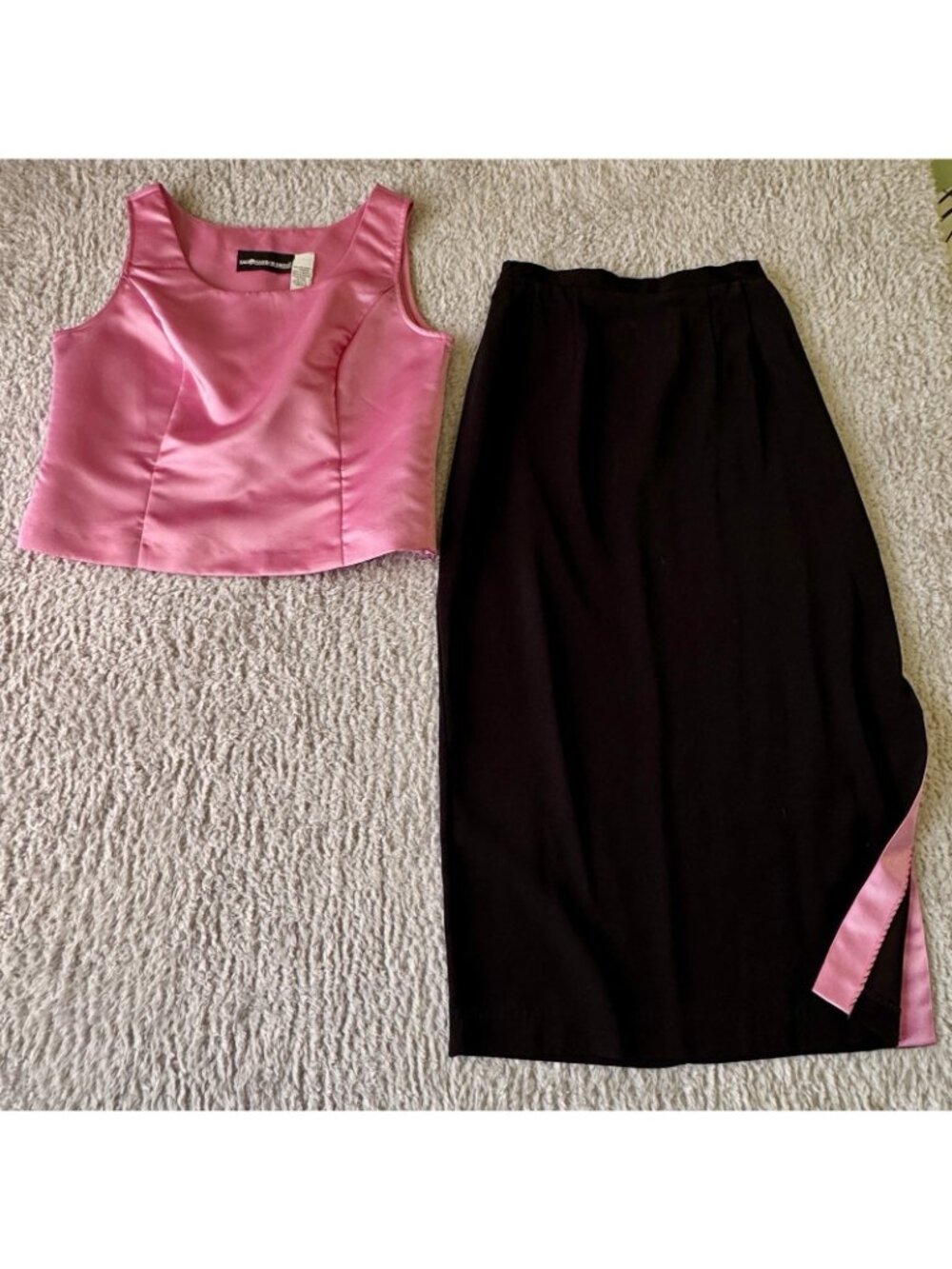 Mid-Century Style Suit 3pc Women's Sz 8 Jacket Black Knit Pink Satin Midi Skirt - Picture 11 of 16